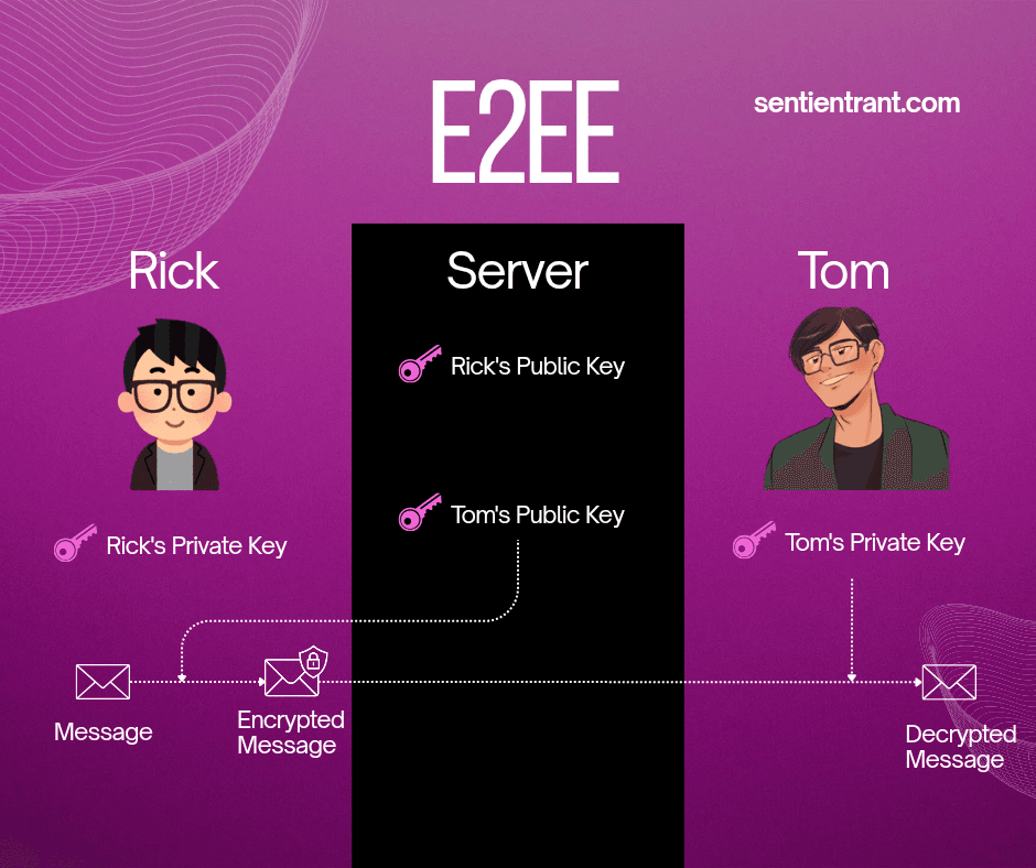 How End-to-End Encryption (E2EE) works — Rick encrypts a message using Tom’s public key so only Tom can decrypt it with his private key. The server merely passes encrypted data without ever seeing the message content.