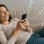 A picture showing a lady using free apps on her phone. The app steals her data without her knowing to sell it. This is shown as holographic binary code leaving her phone and converting into dollar symbols.