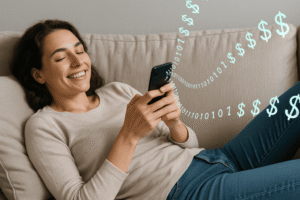 A picture showing a lady using free apps on her phone. The app steals her data without her knowing to sell it. This is shown as holographic binary code leaving her phone and converting into dollar symbols.
