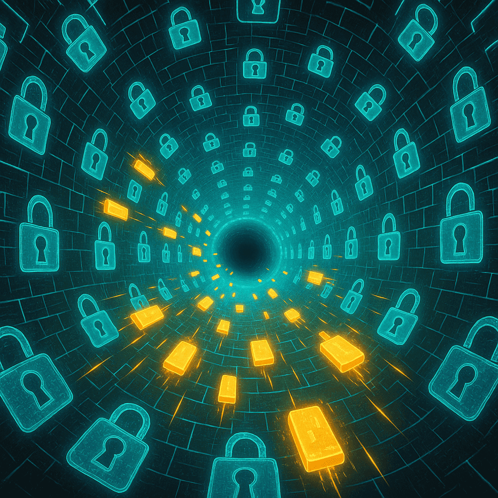 A holographic VPN tunnel made of glowing digital bricks, each displaying a lock symbol to represent encryption. The image shows the mouth of the tunnel as bright yellow data parcels with sparks race in and out, symbolizing secured traffic moving through a VPN connection.
